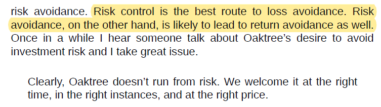 Howard Marks on risk: risk control is the best route to loss avoidance, while risk avoidance is likely to lead to return avoidance as well