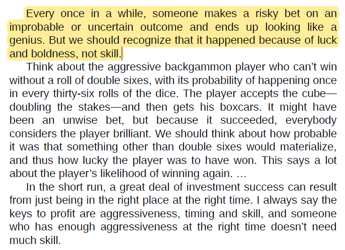 Howard Marks on luck: a risky bet on an improbable outcome can make someone look like a genius, but it happened because of luck and boldness, not skill