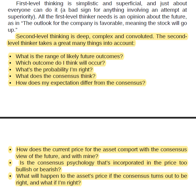 Howard Marks on second-level thinking, with the questions a second-level thinker asks