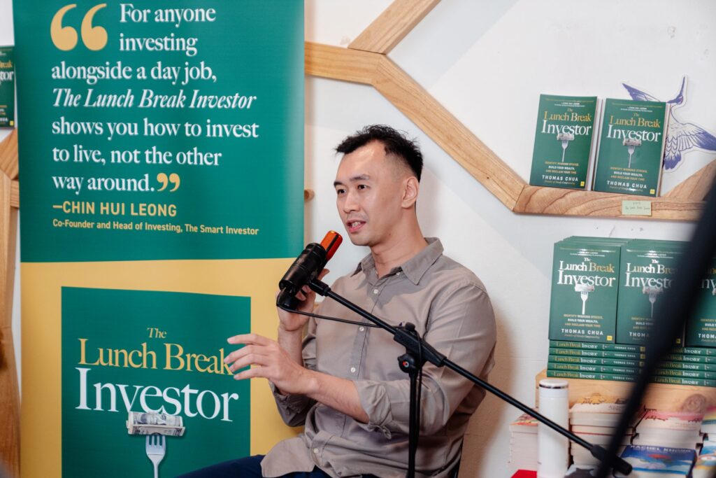 Thomas Chua speaking at a Lunch Break Investor event at Book Bar, Singapore